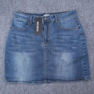 GUANYY Denim Mini Skirt Womens Size Large Blue Medium Wash Whiskered Jean Skirt